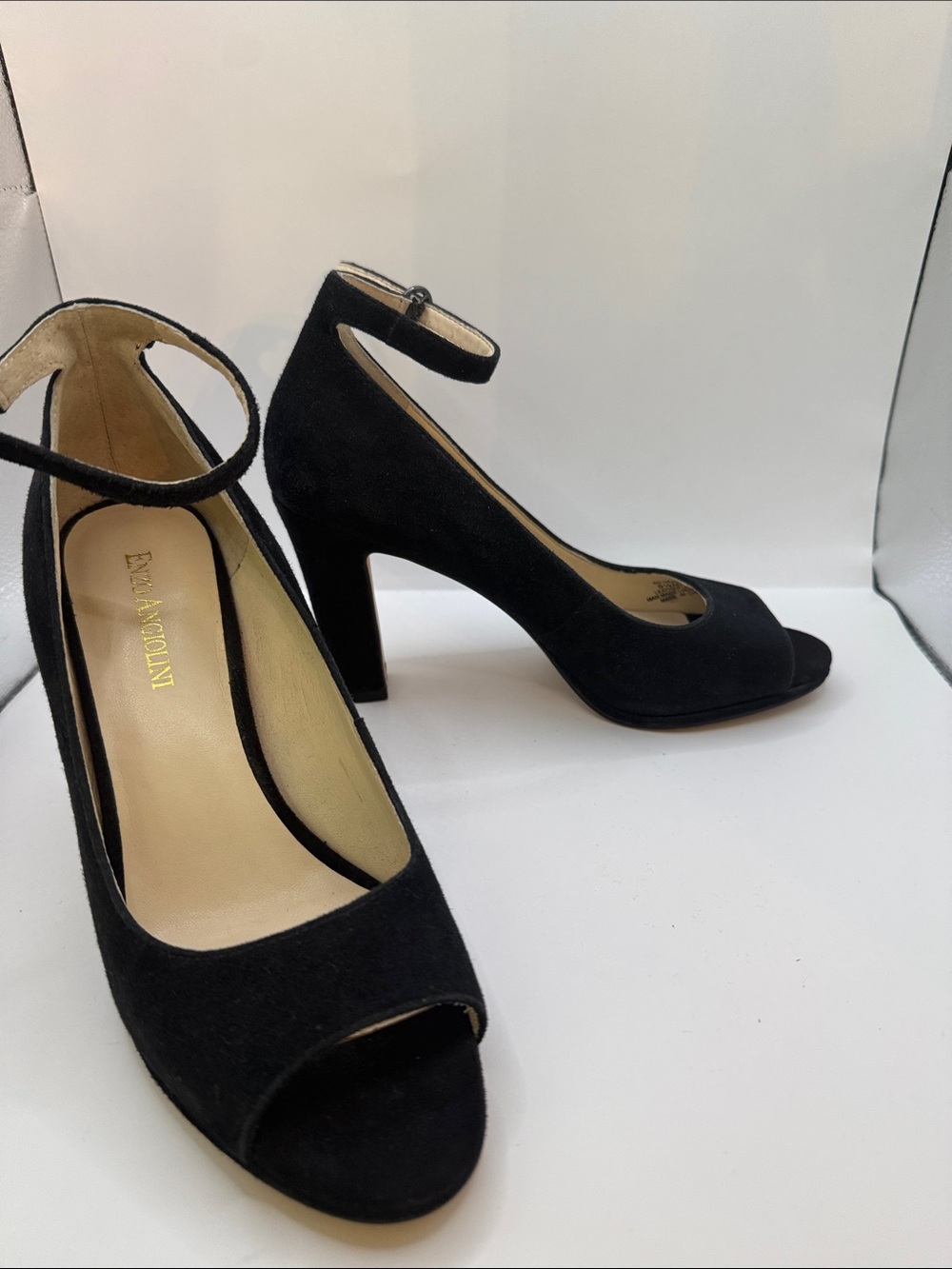 Enzo Angiolini Black Suede Peep-Toe Ankle-Strap Block Heels Sz6.5 excellent